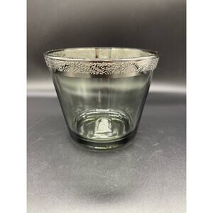 Vintage MCM Smoked Glass Ice Bucket with Embossed Silver Band 5"